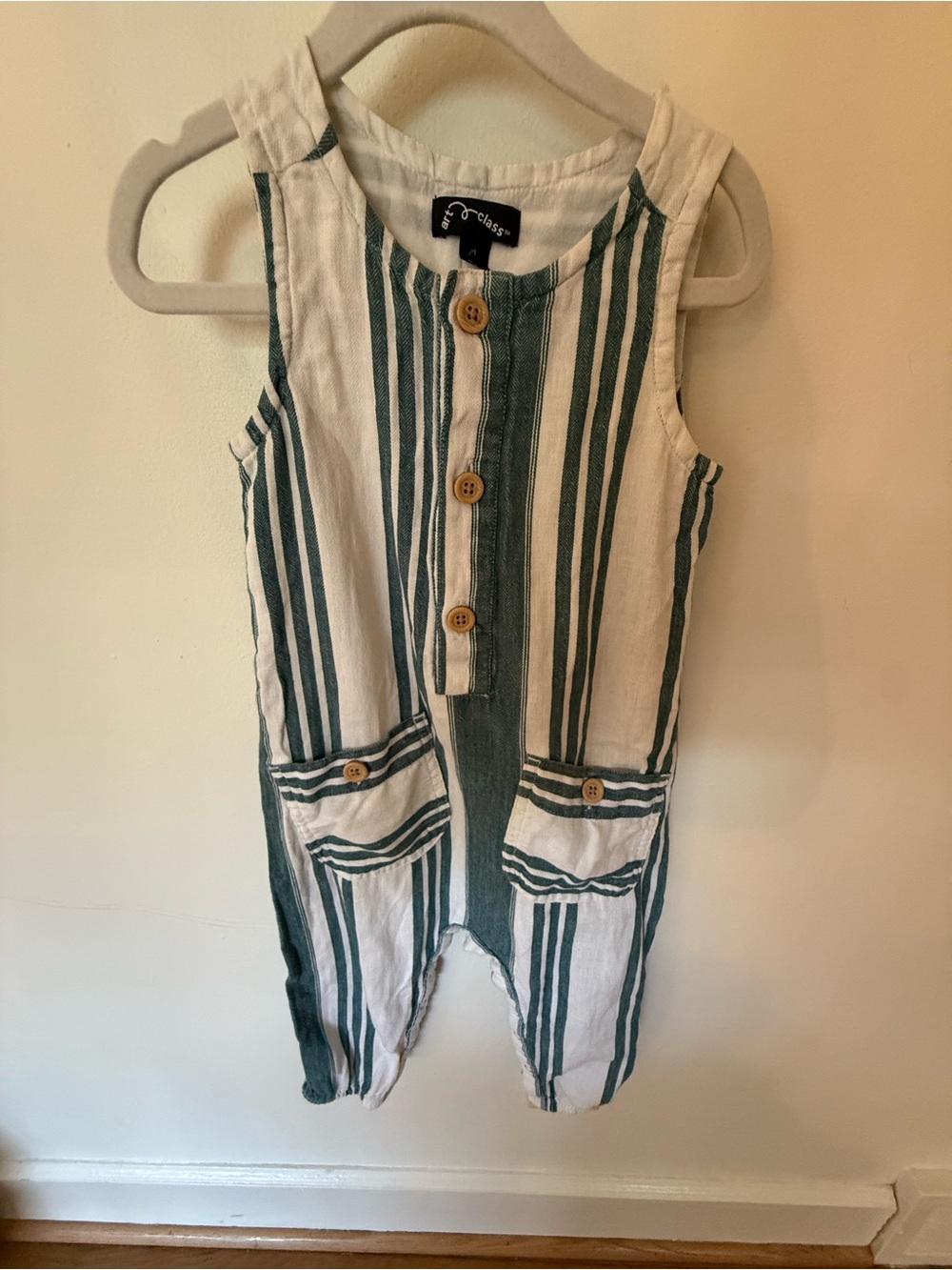 art class Green and White Striped Sleeveless Romper